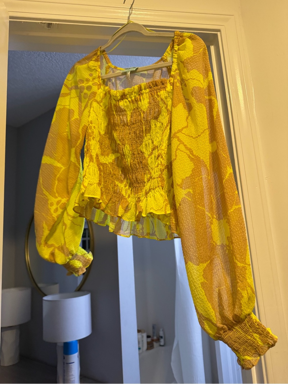 Smocked Puff-Sleeve Blouse in Yellow and Brown